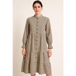 Qed London Brown Plaid Tiered Dress Size 12 | Button Front Prairie Cottagecore